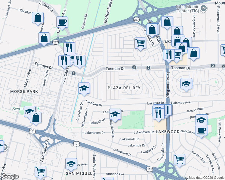 map of restaurants, bars, coffee shops, grocery stores, and more near 110 Calle Teresa in Sunnyvale