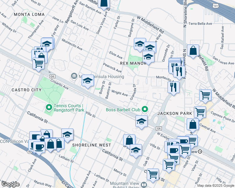 map of restaurants, bars, coffee shops, grocery stores, and more near 205 Beatrice Street in Mountain View