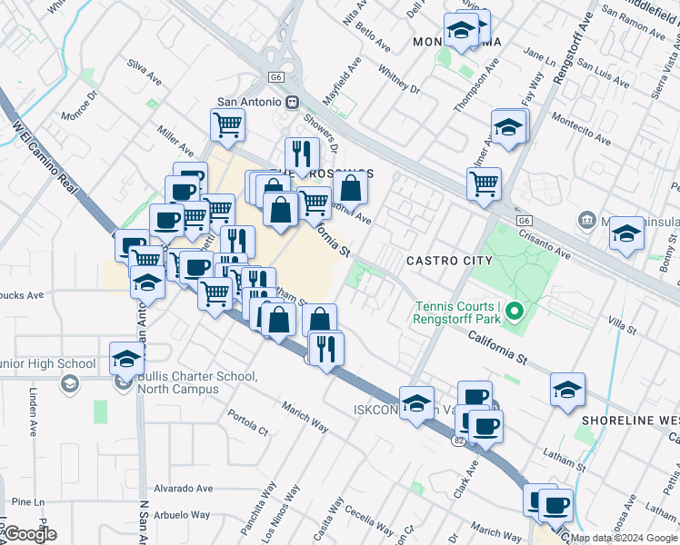 map of restaurants, bars, coffee shops, grocery stores, and more near 410 Ortega Avenue in Mountain View