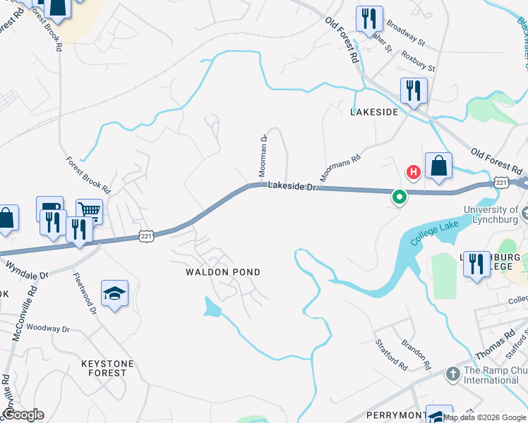 map of restaurants, bars, coffee shops, grocery stores, and more near 2009 Lakeside Drive in Lynchburg