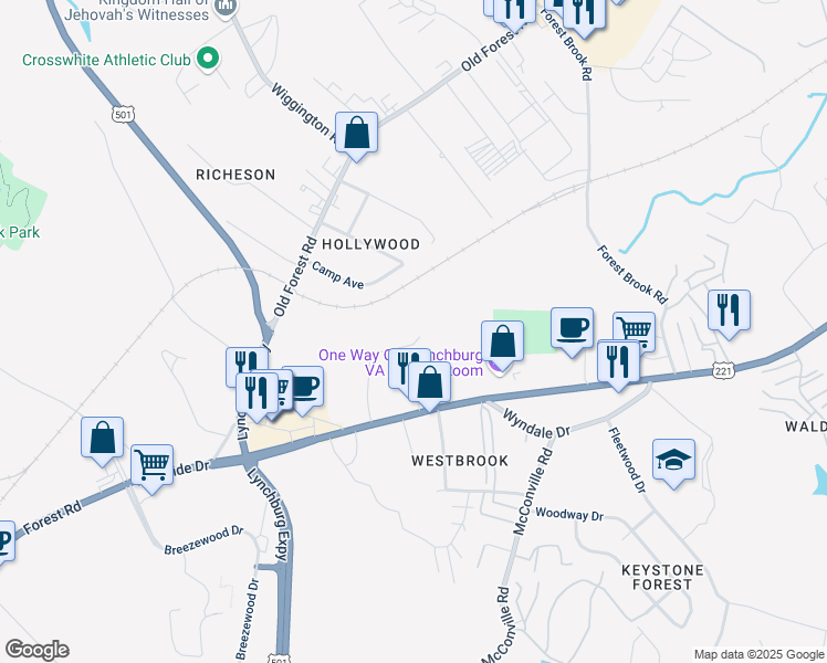 map of restaurants, bars, coffee shops, grocery stores, and more near 243 Countryplace Lane in Lynchburg