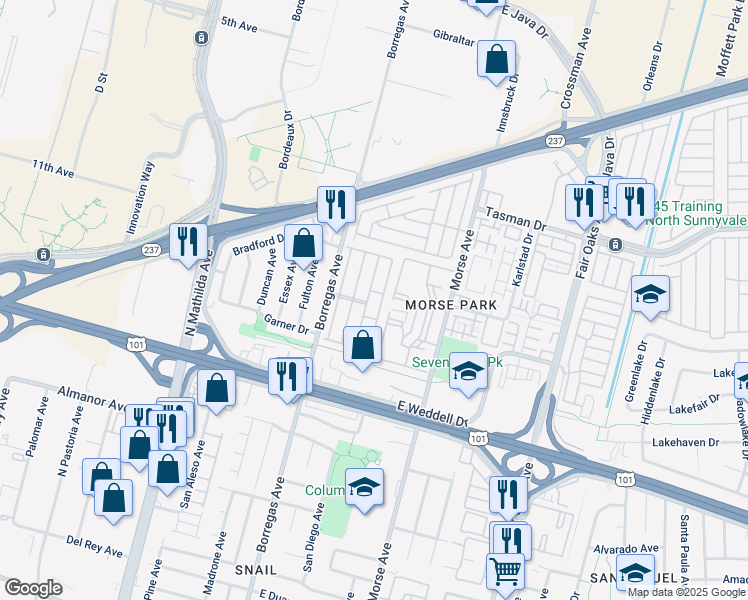 map of restaurants, bars, coffee shops, grocery stores, and more near 1050 Borregas Avenue in Sunnyvale