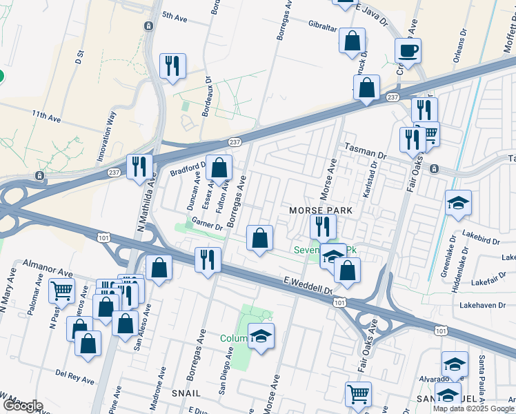 map of restaurants, bars, coffee shops, grocery stores, and more near 1050 Borregas Avenue in Sunnyvale