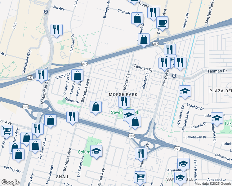 map of restaurants, bars, coffee shops, grocery stores, and more near 1063 Morse Avenue in Sunnyvale