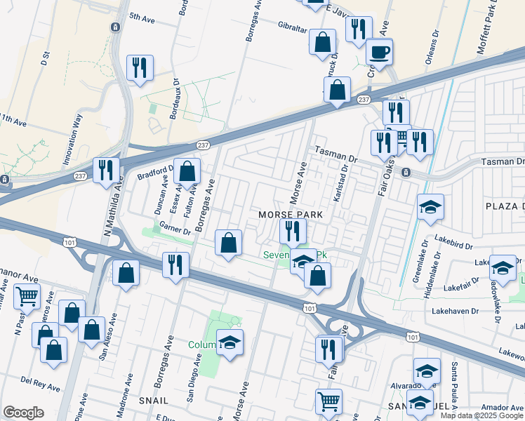 map of restaurants, bars, coffee shops, grocery stores, and more near 1063 Morse Avenue in Sunnyvale