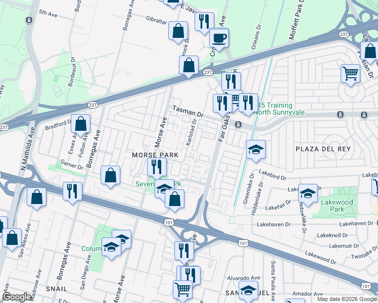 map of restaurants, bars, coffee shops, grocery stores, and more near 1090 Munich Terrace in Sunnyvale