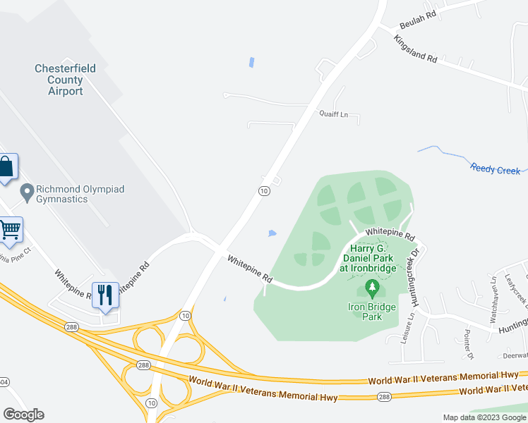 map of restaurants, bars, coffee shops, grocery stores, and more near 7921 Iron Bridge Road in Richmond