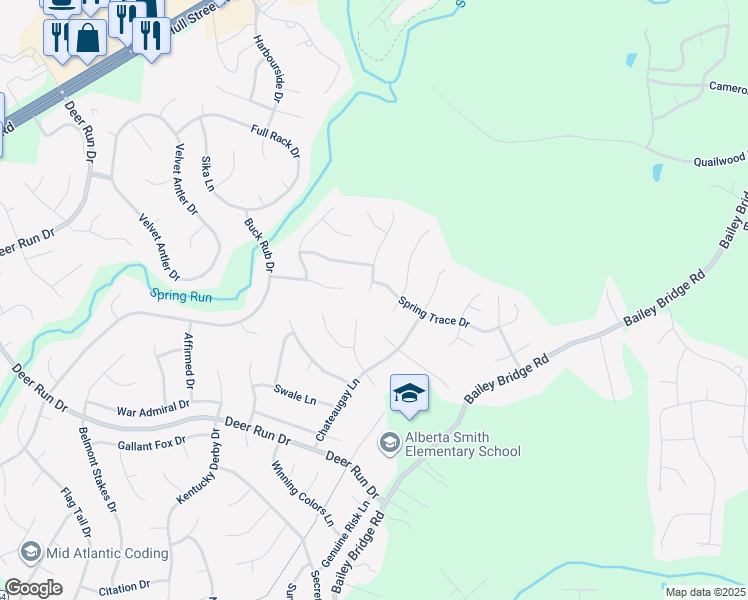 map of restaurants, bars, coffee shops, grocery stores, and more near 7121 Pointer Ridge Road in Midlothian