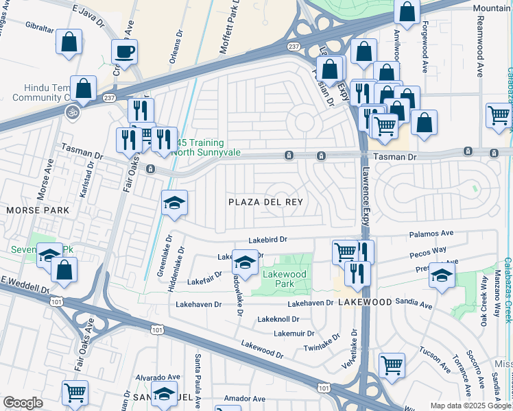 map of restaurants, bars, coffee shops, grocery stores, and more near 327 Avenida Jose in Sunnyvale