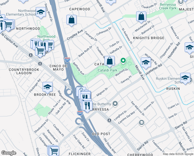 map of restaurants, bars, coffee shops, grocery stores, and more near 2907 Agua Vista Drive in San Jose