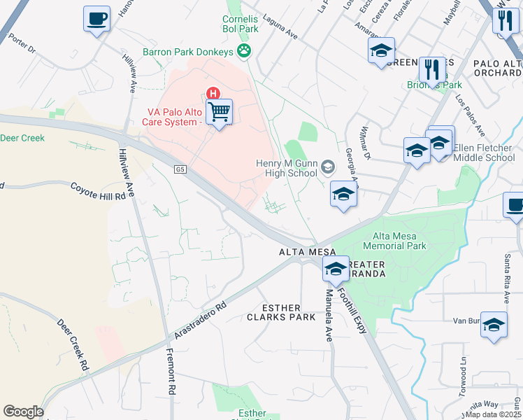 map of restaurants, bars, coffee shops, grocery stores, and more near 4005 Miranda Avenue in Palo Alto