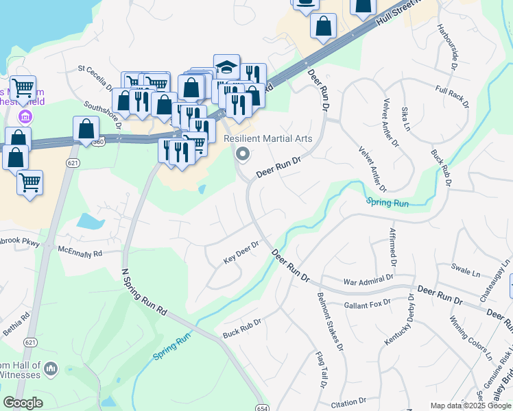 map of restaurants, bars, coffee shops, grocery stores, and more near 7112 Branched Antler Circle in Midlothian