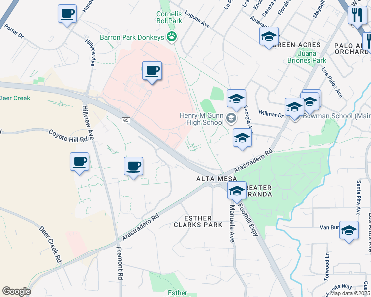 map of restaurants, bars, coffee shops, grocery stores, and more near 4005 Miranda Ave in Palo Alto