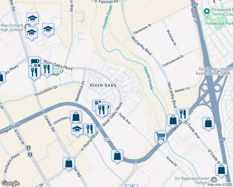 map of restaurants, bars, coffee shops, grocery stores, and more near 808 Debut Court in San Jose