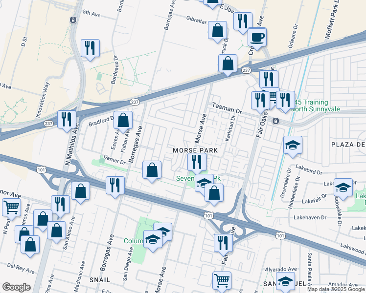map of restaurants, bars, coffee shops, grocery stores, and more near 1063 Morse Avenue in Sunnyvale