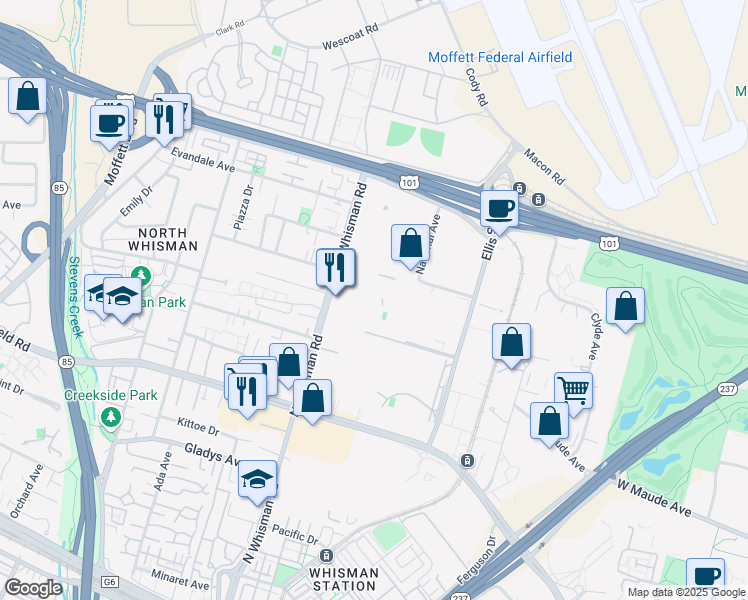 map of restaurants, bars, coffee shops, grocery stores, and more near 445 North Whisman Road in Mountain View