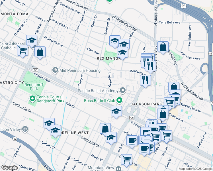 map of restaurants, bars, coffee shops, grocery stores, and more near 423 Lotus Lane in Mountain View