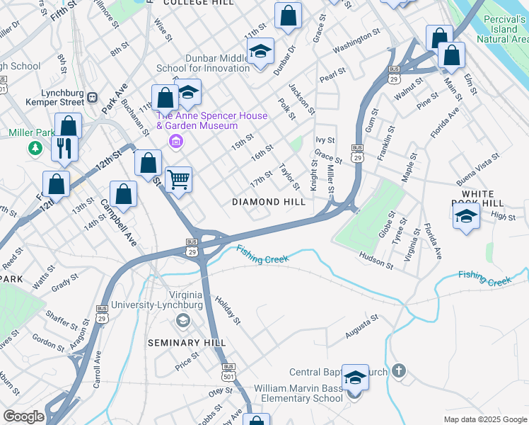 map of restaurants, bars, coffee shops, grocery stores, and more near 1807 Floyd Street in Lynchburg