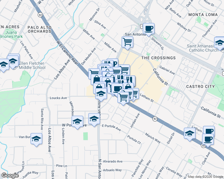 map of restaurants, bars, coffee shops, grocery stores, and more near 2580 West El Camino Real in Mountain View