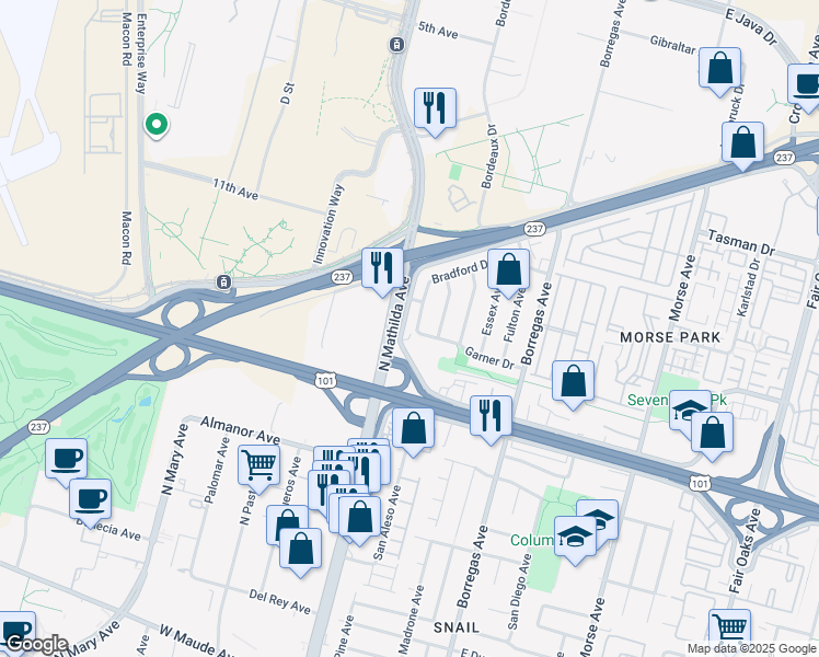 map of restaurants, bars, coffee shops, grocery stores, and more near 1003 Bradford Drive in Sunnyvale
