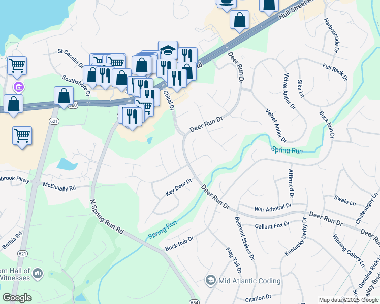 map of restaurants, bars, coffee shops, grocery stores, and more near 7112 Branched Antler Circle in Midlothian