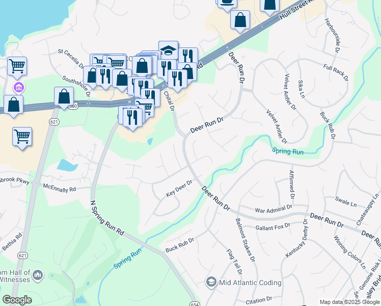 map of restaurants, bars, coffee shops, grocery stores, and more near 7112 Branched Antler Circle in Midlothian