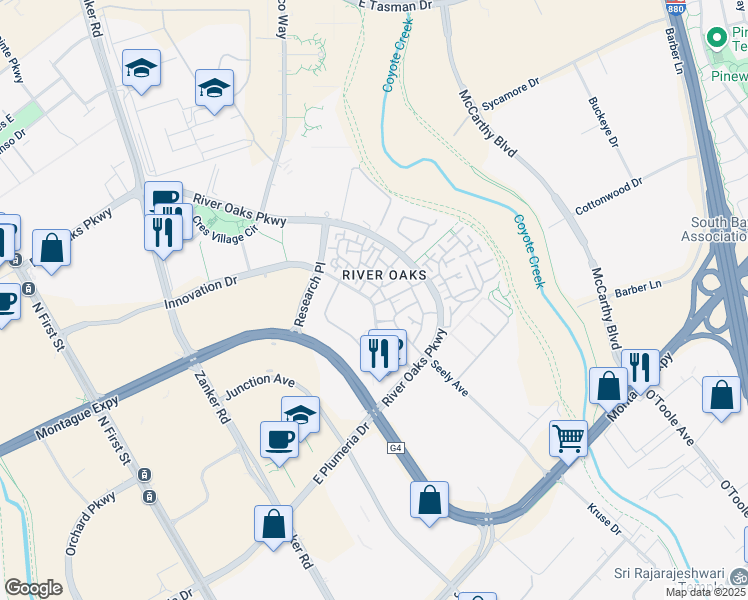 map of restaurants, bars, coffee shops, grocery stores, and more near 426-1 Village Center Drive in San Jose
