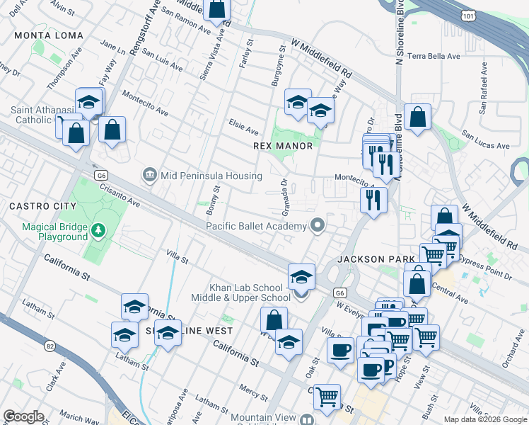 map of restaurants, bars, coffee shops, grocery stores, and more near 1104 Wright Avenue in Mountain View