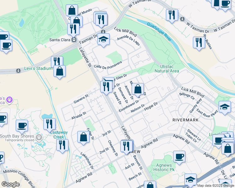 map of restaurants, bars, coffee shops, grocery stores, and more near 4699 Snead Drive in Santa Clara