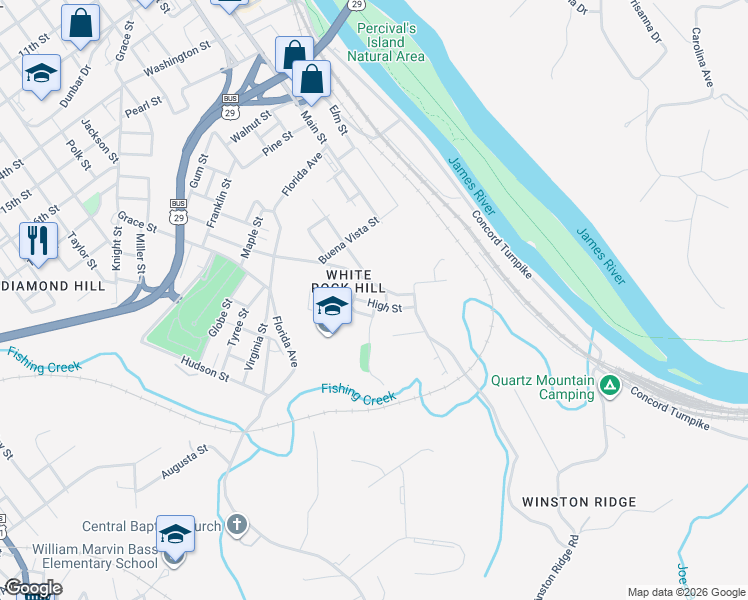 map of restaurants, bars, coffee shops, grocery stores, and more near 2412 High Street in Lynchburg