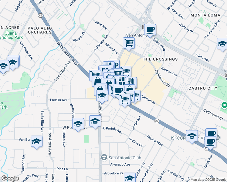 map of restaurants, bars, coffee shops, grocery stores, and more near 2580 West El Camino Real in Mountain View