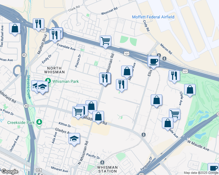 map of restaurants, bars, coffee shops, grocery stores, and more near 445 North Whisman Road in Mountain View