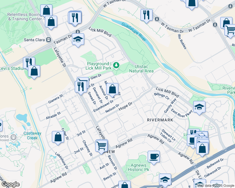 map of restaurants, bars, coffee shops, grocery stores, and more near 4622 Burke Drive in Santa Clara