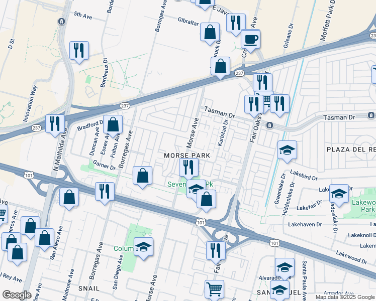 map of restaurants, bars, coffee shops, grocery stores, and more near 1064 Morse Avenue in Sunnyvale
