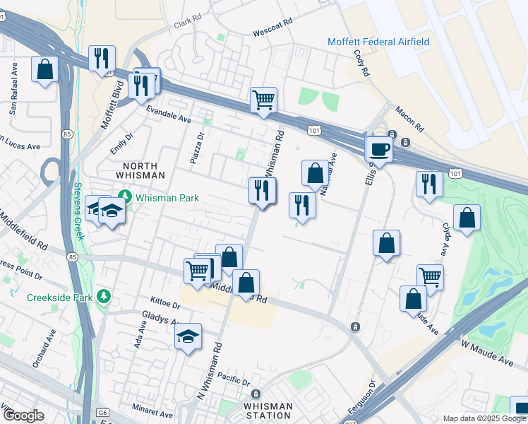 map of restaurants, bars, coffee shops, grocery stores, and more near 425 North Whisman Road in Mountain View