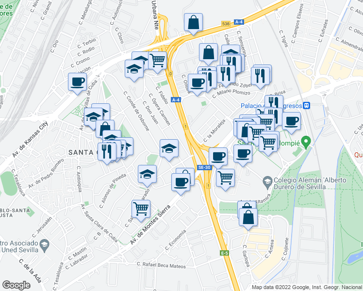 map of restaurants, bars, coffee shops, grocery stores, and more near 52 Calle Ópera Carmen in Sevilla