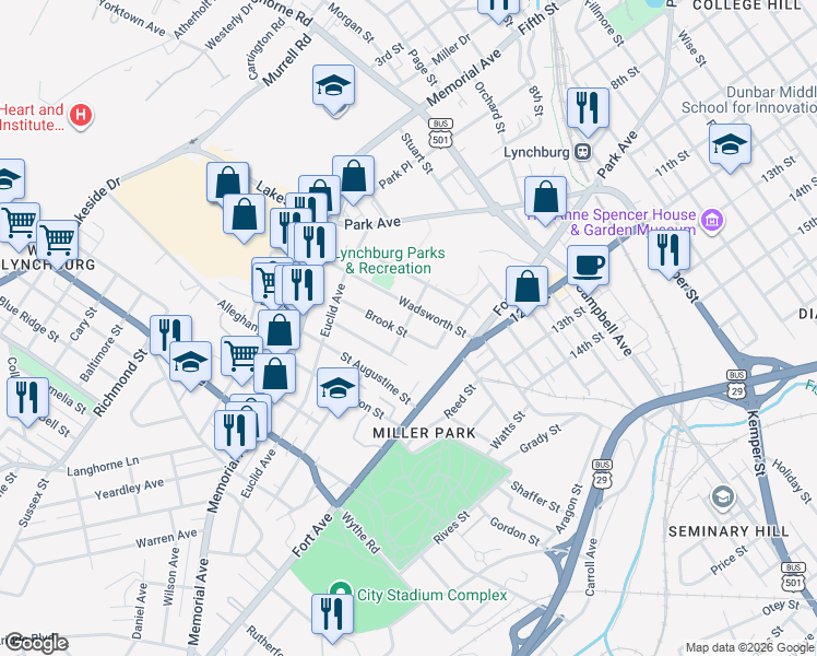 map of restaurants, bars, coffee shops, grocery stores, and more near 1006 Brook Street in Lynchburg