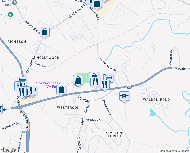 map of restaurants, bars, coffee shops, grocery stores, and more near 2234 Lakeside Drive in Lynchburg