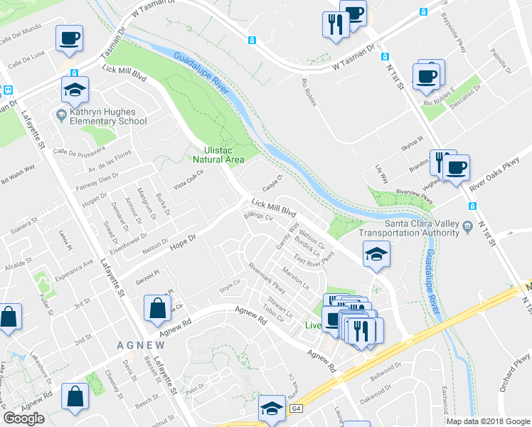 map of restaurants, bars, coffee shops, grocery stores, and more near 4480 Billings Circle in Santa Clara