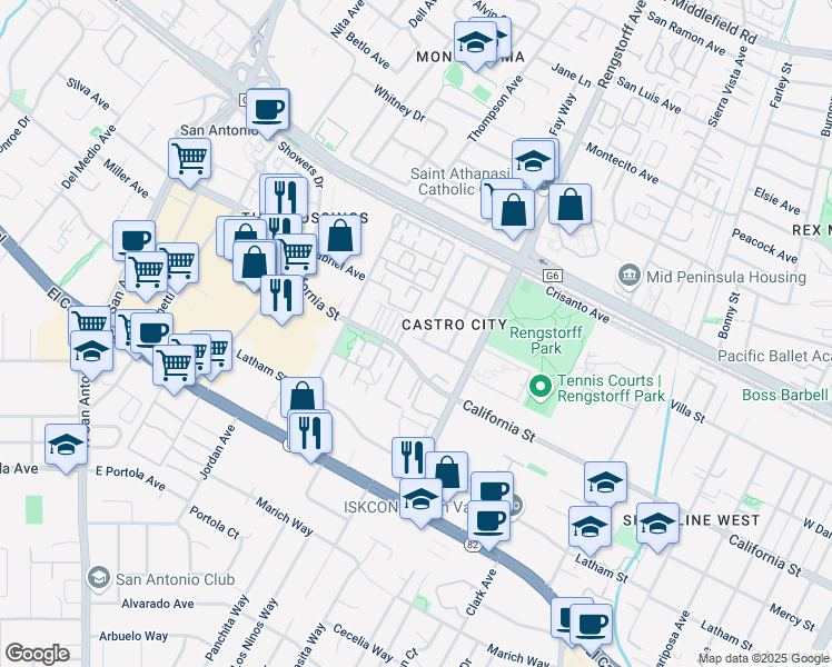 map of restaurants, bars, coffee shops, grocery stores, and more near 292 College Avenue in Mountain View