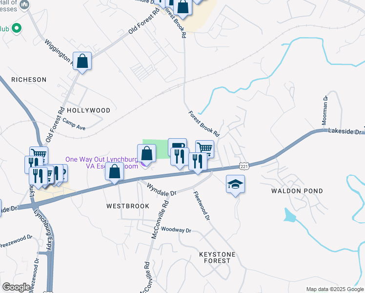 map of restaurants, bars, coffee shops, grocery stores, and more near 2234 Lakeside Drive in Lynchburg