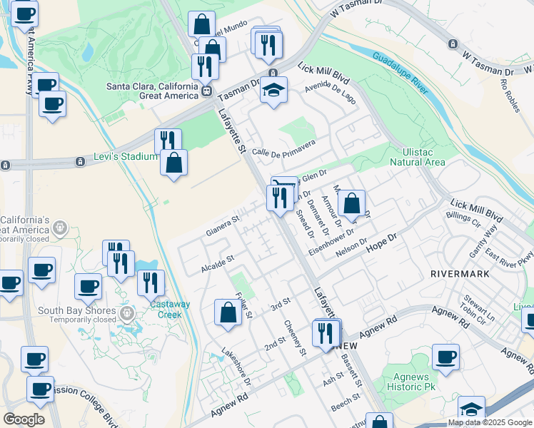 map of restaurants, bars, coffee shops, grocery stores, and more near 2205 Duvall Court in Santa Clara