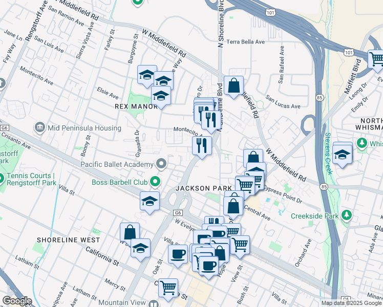 map of restaurants, bars, coffee shops, grocery stores, and more near in Mountain View