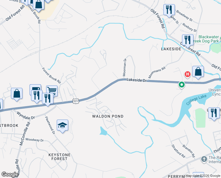 map of restaurants, bars, coffee shops, grocery stores, and more near 2019 Lakeside Drive in Lynchburg