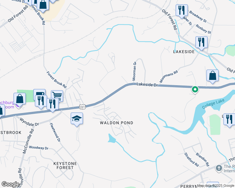 map of restaurants, bars, coffee shops, grocery stores, and more near 2025 Lakeside Drive in Lynchburg
