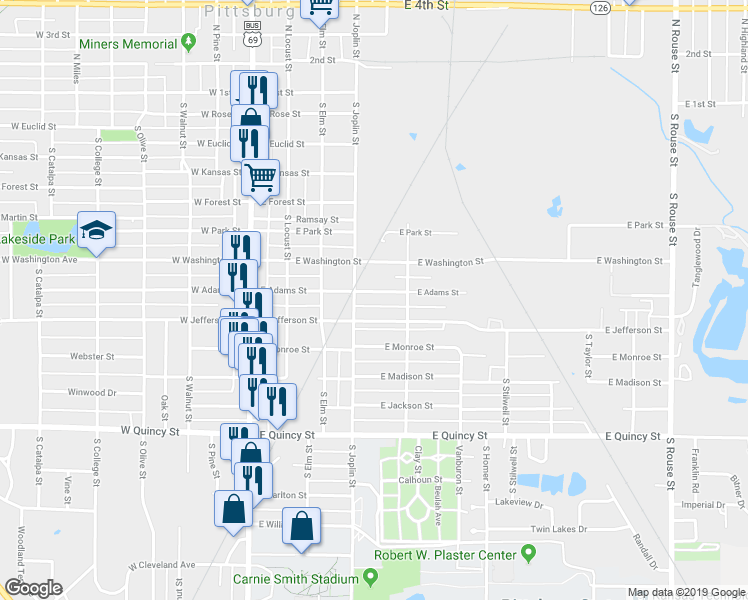 map of restaurants, bars, coffee shops, grocery stores, and more near 406 East Adams Street in Pittsburg
