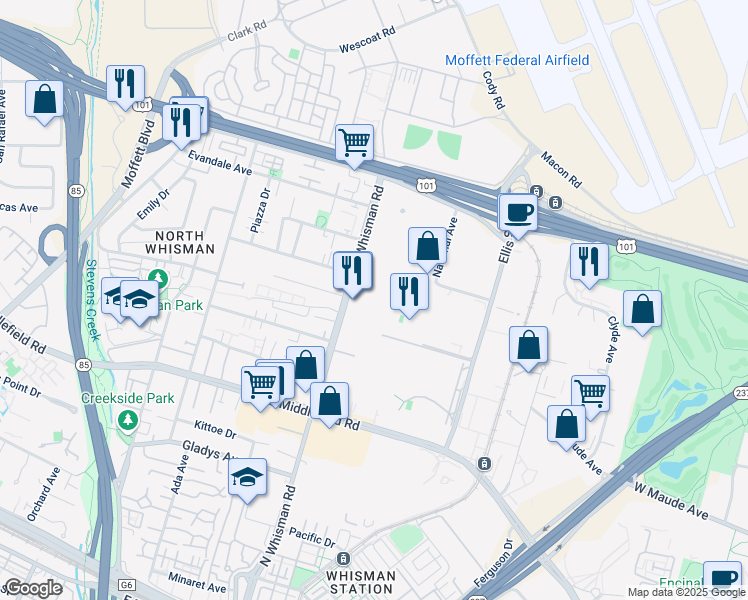 map of restaurants, bars, coffee shops, grocery stores, and more near 445 North Whisman Road in Mountain View