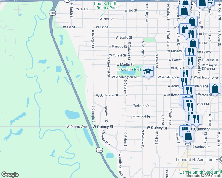 map of restaurants, bars, coffee shops, grocery stores, and more near 719 South Chestnut Street in Pittsburg