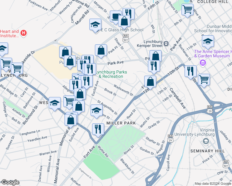 map of restaurants, bars, coffee shops, grocery stores, and more near 298 Glenwood Street in Lynchburg