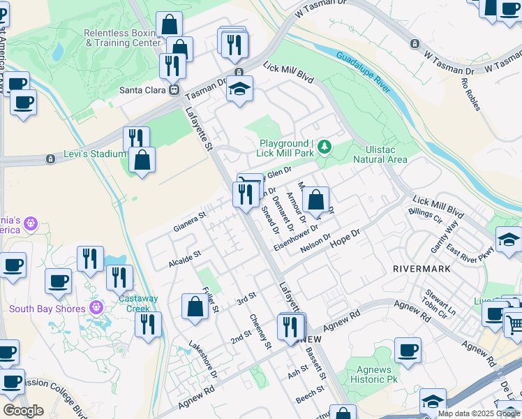 map of restaurants, bars, coffee shops, grocery stores, and more near 4712 Snead Drive in Santa Clara